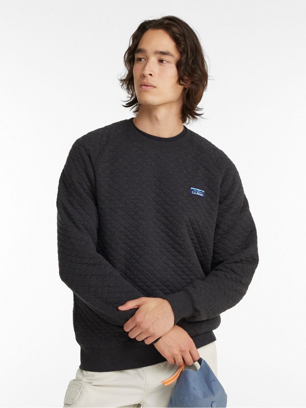 LL Bean Men's Quilted Sweatshirt Crewneck Dark Charcoal Heather Small